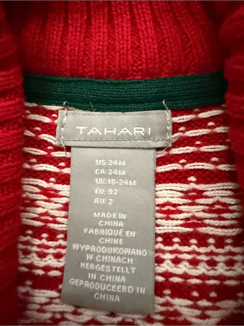 Tahari Baby Fair Isle Cardigan 24M Red White Snowflake Shawl Collar